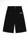 Black denim shorts with a white 'OB70' logo on the left hip, displayed against a plain white background.