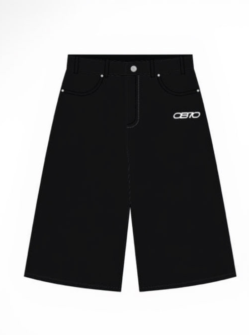 Black denim shorts with a white 'OB70' logo on the left hip, displayed against a plain white background.