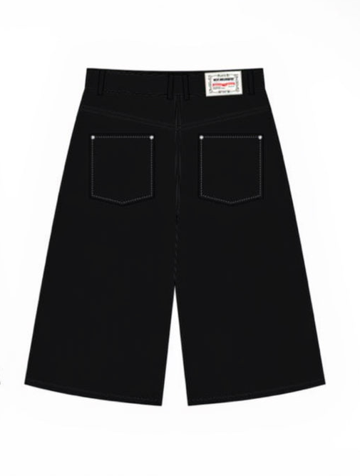 Black denim shorts shown from the back, featuring two back pockets with white contrast stitching and a small white brand label at the waistband.