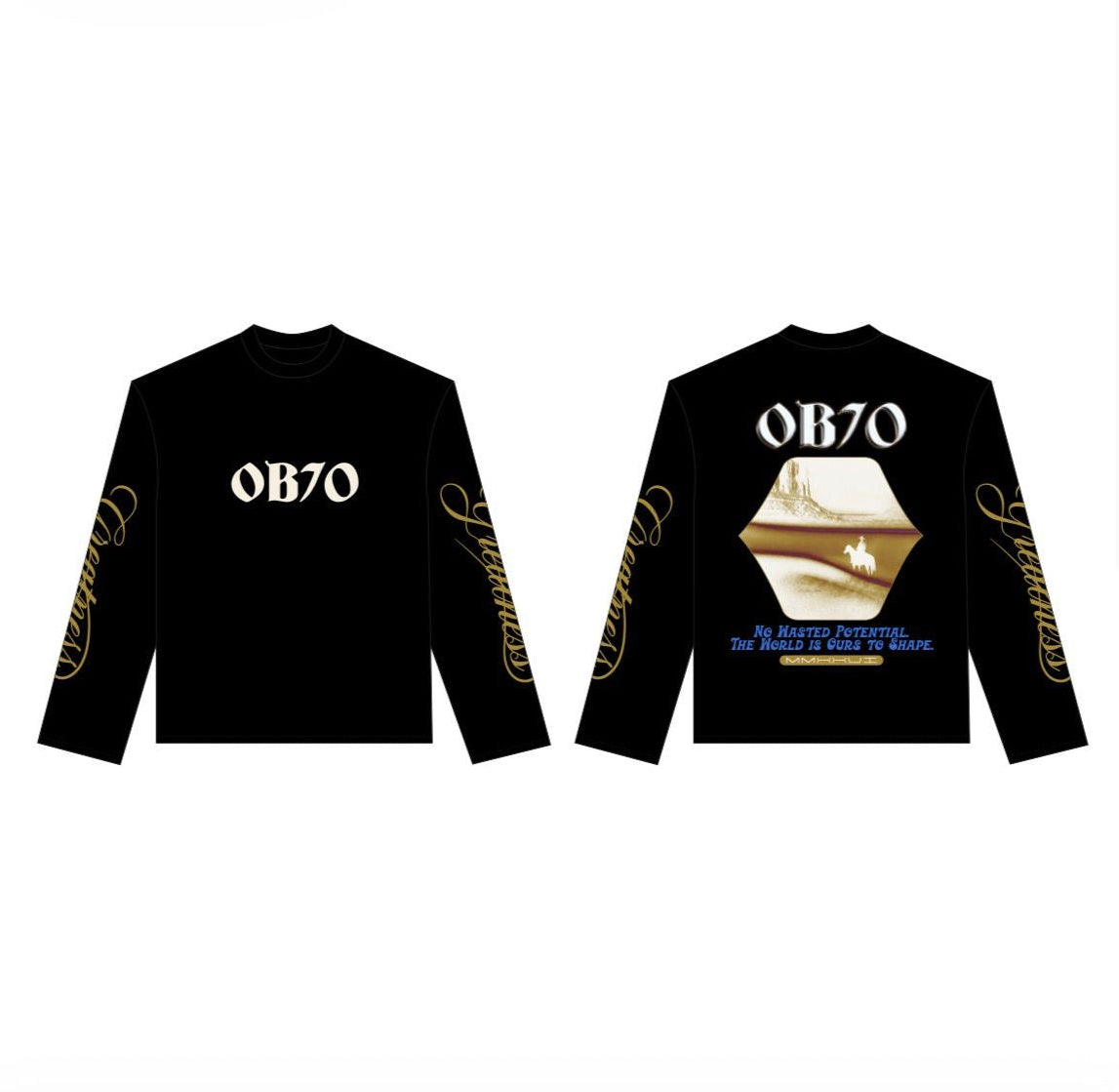 Black long-sleeve shirt with 'OB70' branding on a white background