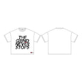 OB70 White t-shirt with 'The Grind Never Stops' text design on a white background