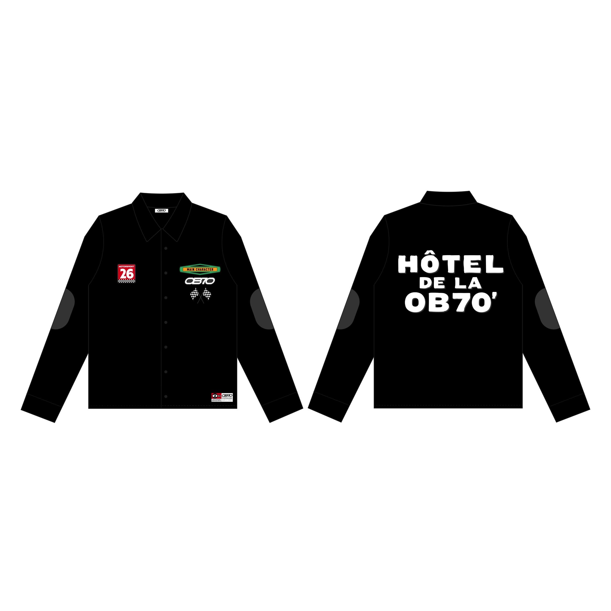 Black shirt with logos and text on a white background