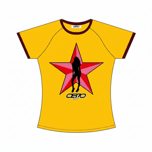 A yellow short-sleeve raglan t-shirt with dark brown trim on the collar and sleeve cuffs, featuring a large red star graphic on the chest with a black silhouette of a woman and the brand name 'OB70 Babes' printed below.