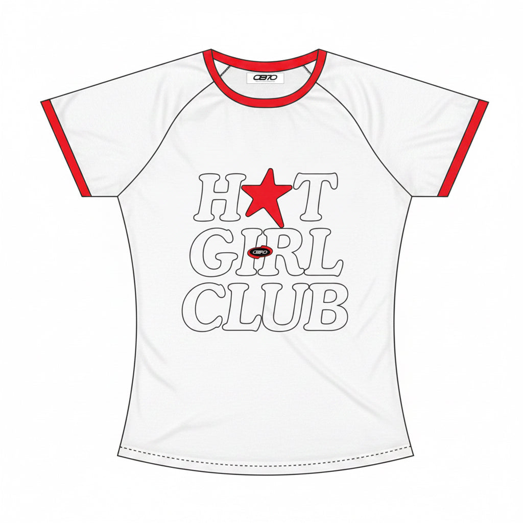A white raglan-style t-shirt with red trim on the collar and sleeve cuffs, featuring a graphic print on the front that reads 'OB70 HOT GIRL CLUB' with a red star and lips.