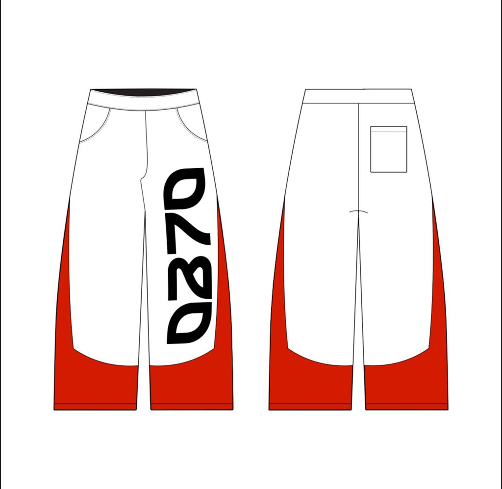 White and red denim pants with black text on a white background