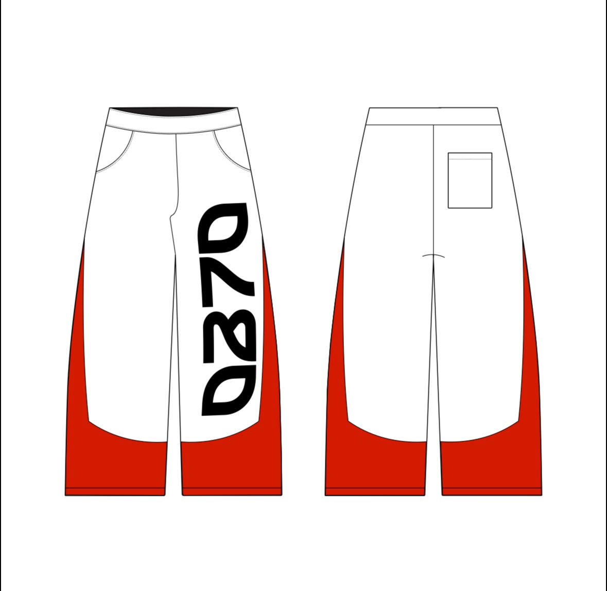 White and red denim pants with black text on a white background