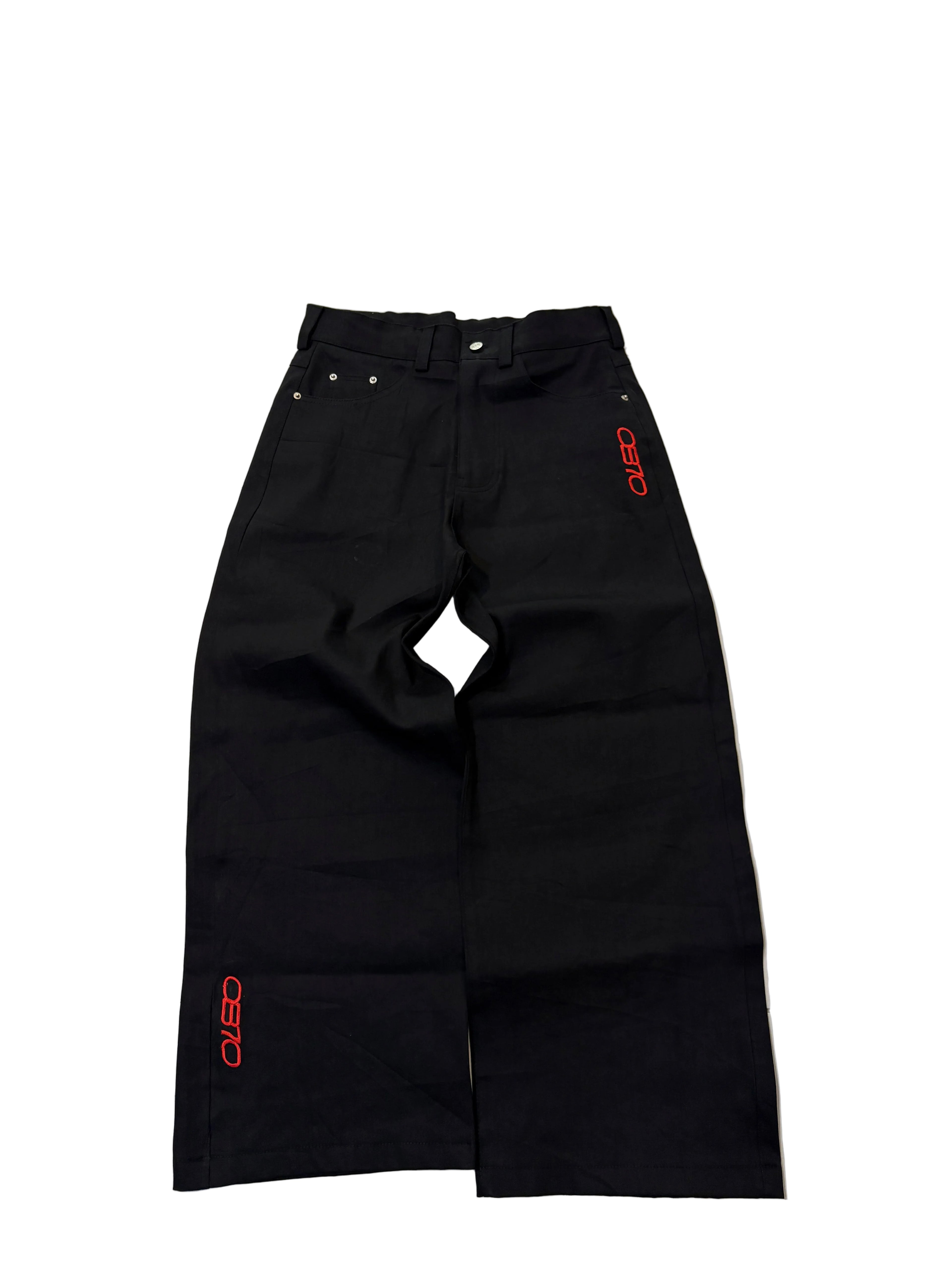 Black Denim pant with red OB70 logo embroidered on it 