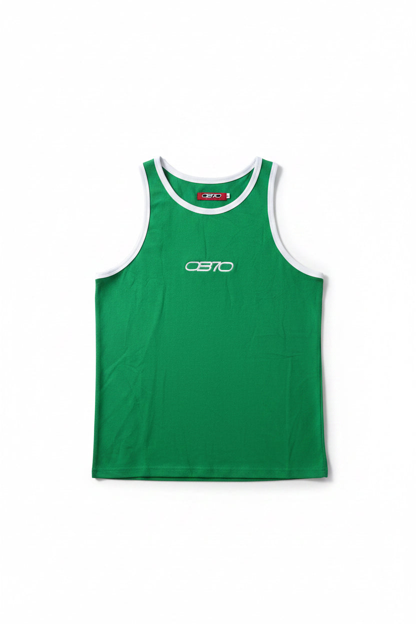 Green tank top with white trim and OB70 logo on a light gray background