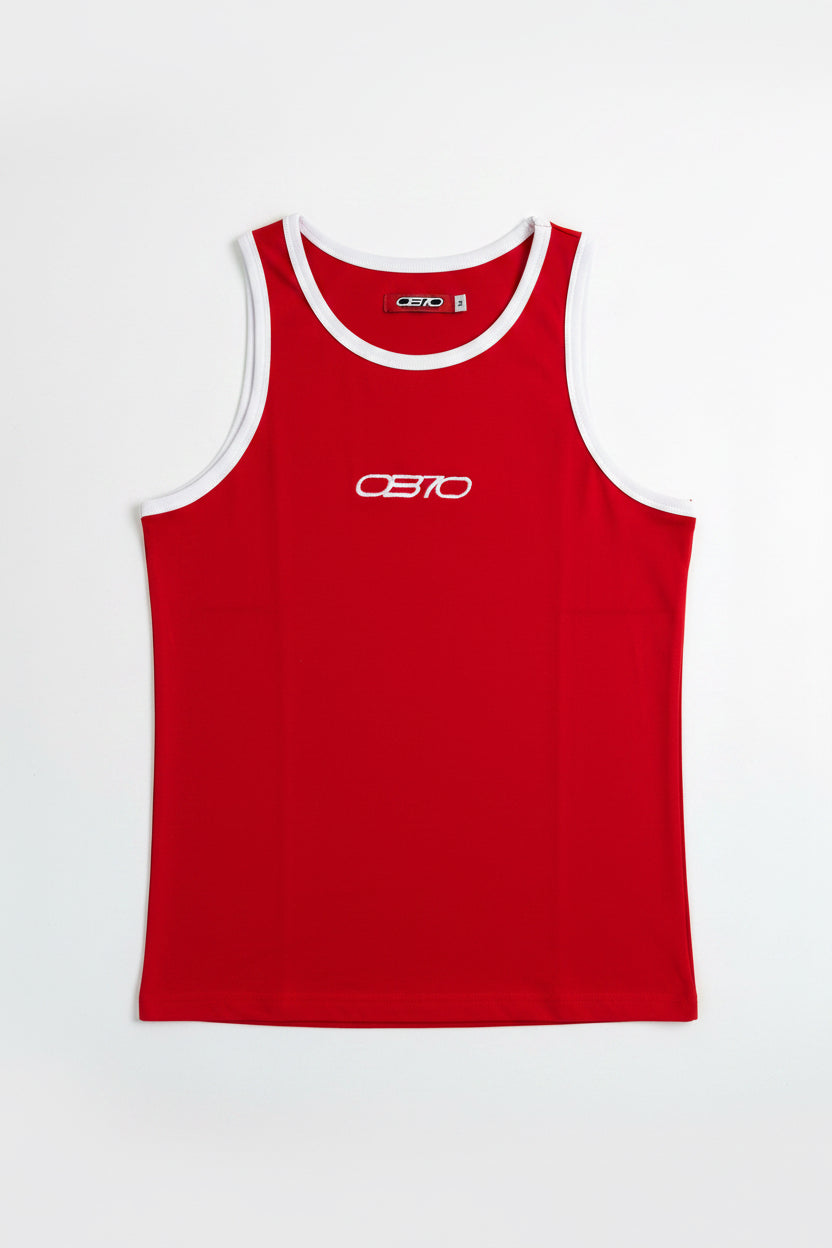 Red tank top with white trim and OB70 logo on a light gray background