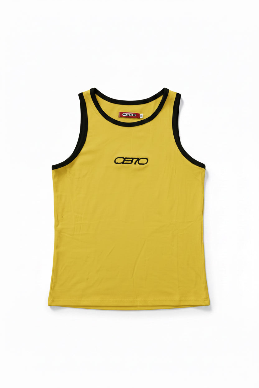 Yellow tank top with black trim and OB70 logo on a white background 