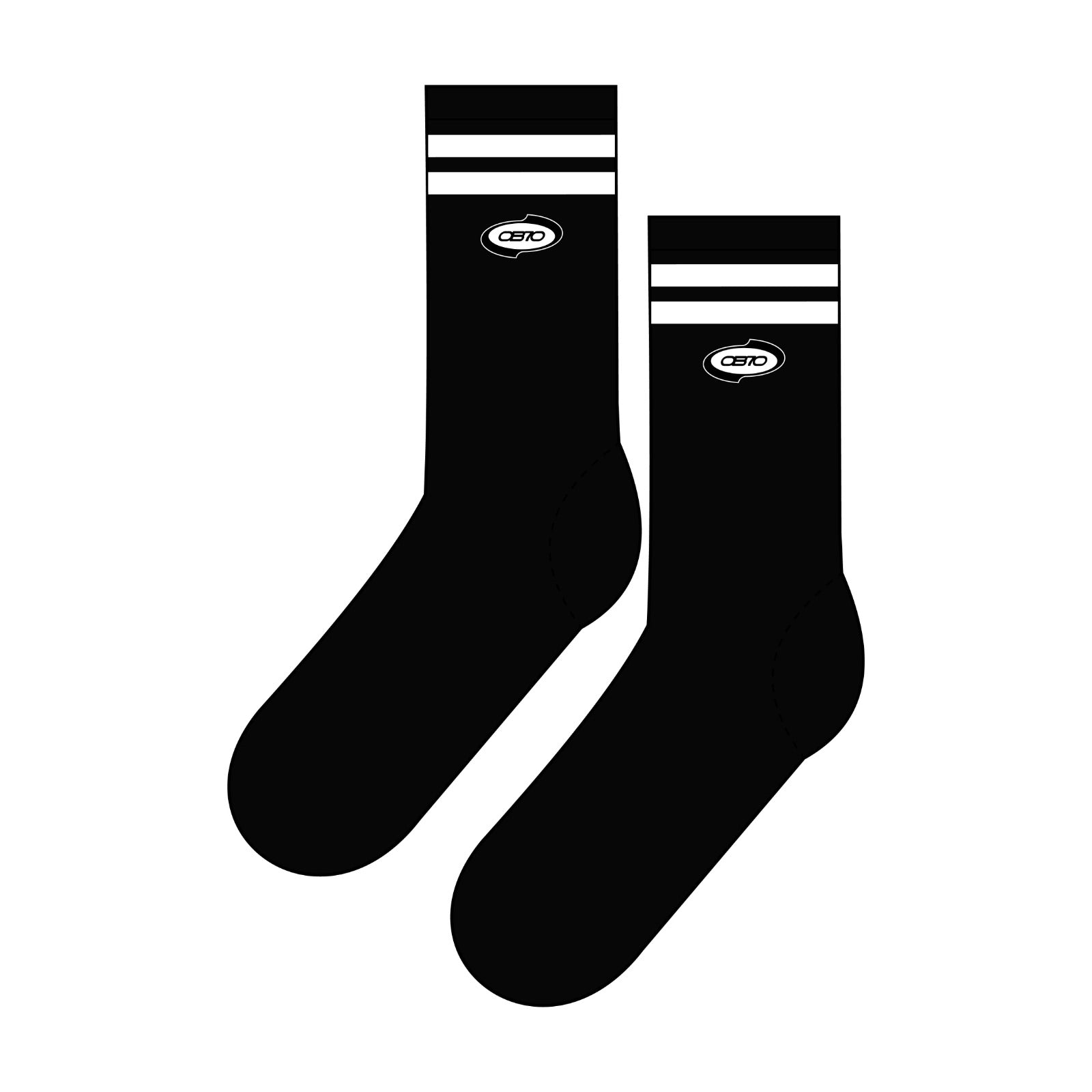Black socks with white stripes and logos on a white background