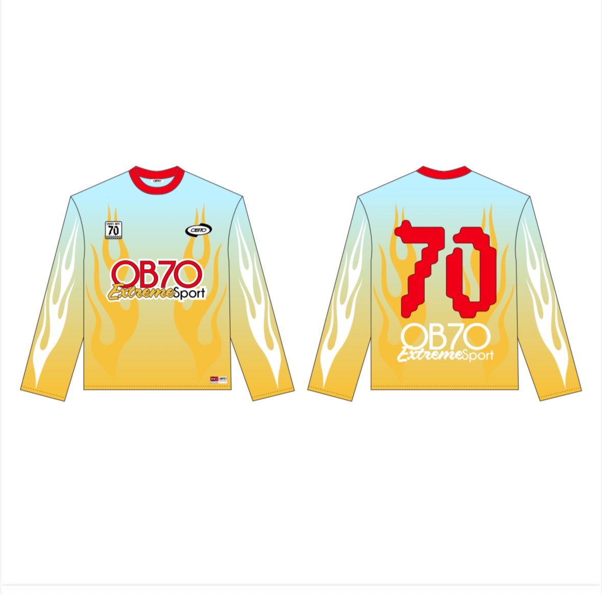 Long-sleeve sports jersey with flame design and 'OB70 Extreme Sport' branding on a white background.