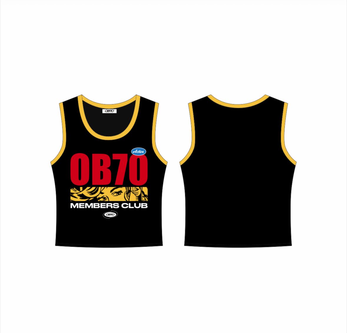 Black tank top with red and yellow text and graphics on a white background