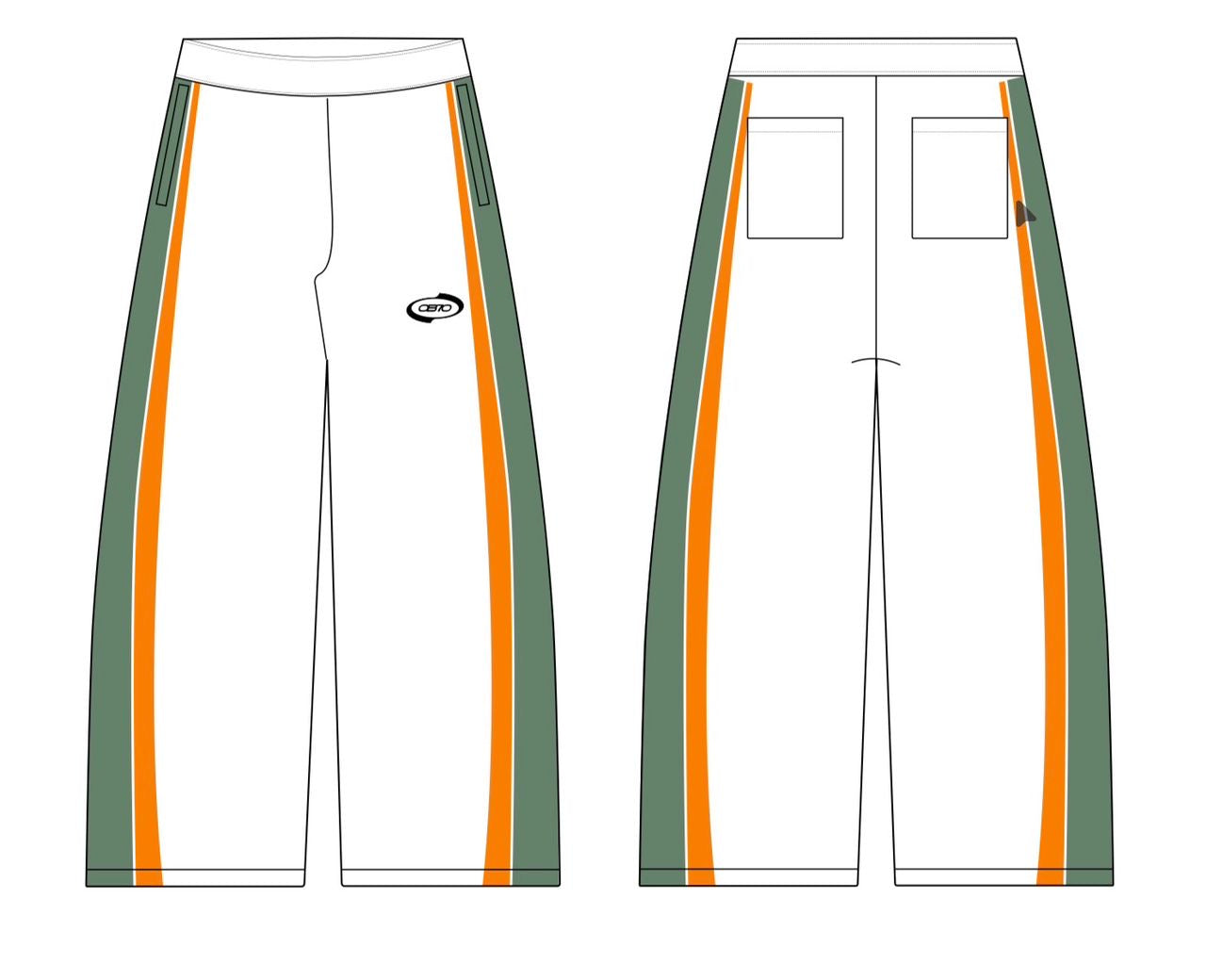 White pants with green and orange stripes on a white background