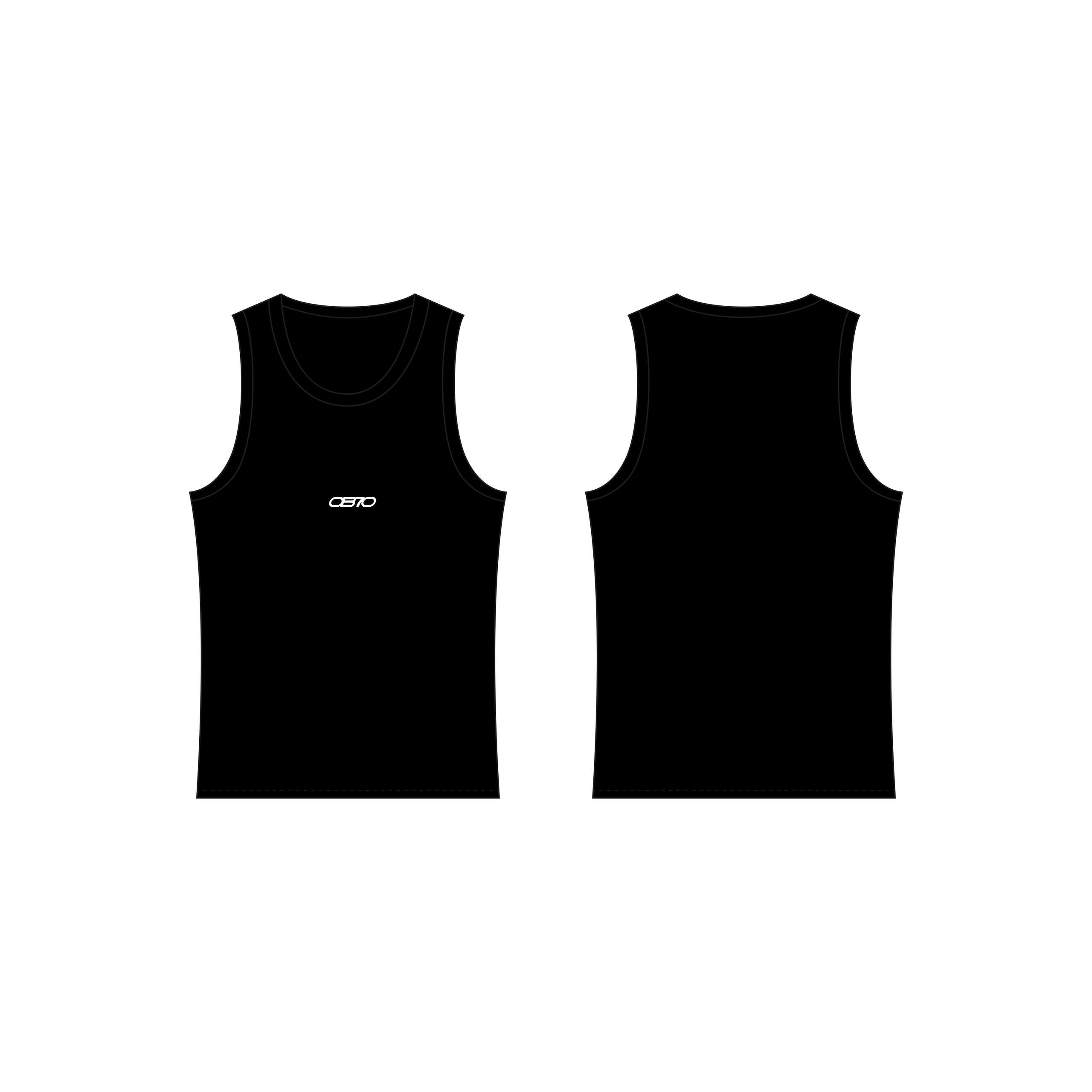 Black tank top with a logo on the front, shown from front and back views on a white background.