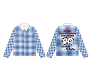 Blue and white checkered shirt with text and graphics on a white background