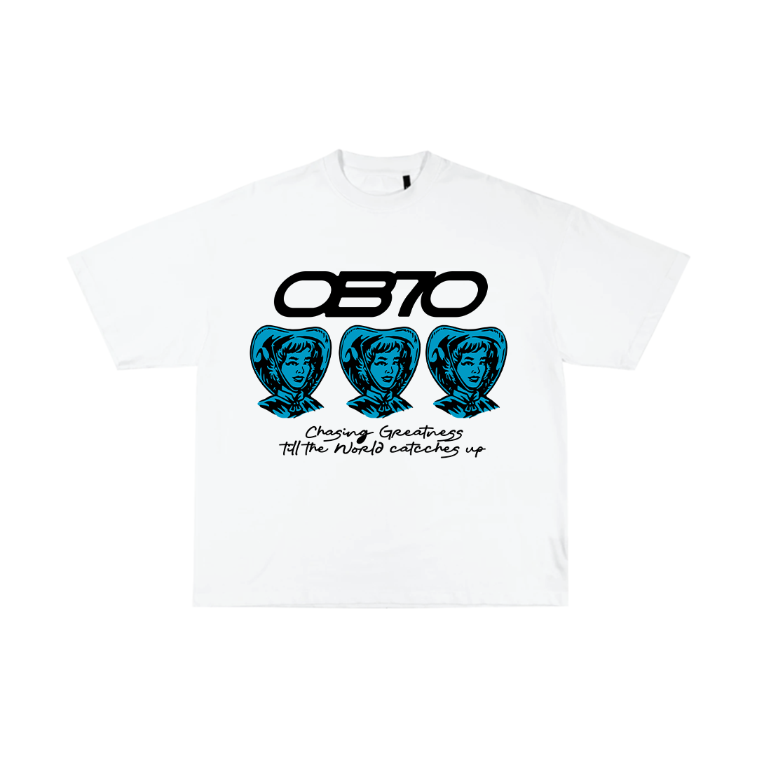 White t-shirt with blue graphic and text on a white background